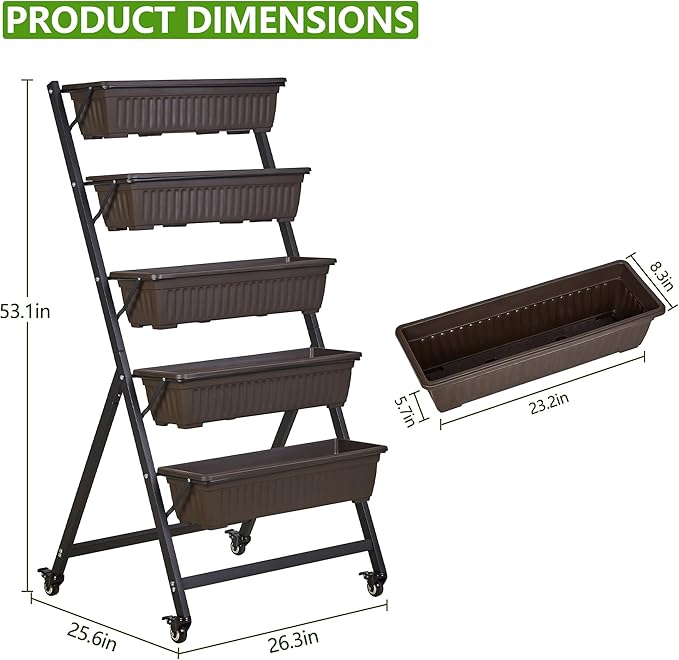 VECELO 5-Tier Vertical Garden Bed, Freestanding Elevated Raised Garden Planter with 5 Garden Planter Boxes, Lockable Caster Wheels, Drainage System, for Plants, Vegetables, Flowers, Herbs