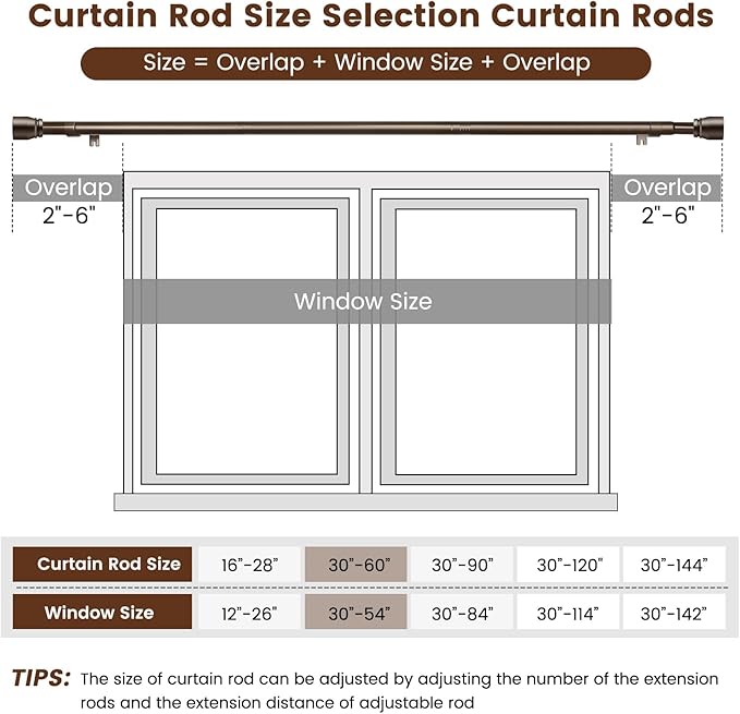 2 PACK 1” Diameter brown curtain rod Itself is 30 to 60 inch. 1 Pack Fits 30-54 inch Windows with Heavy Duty Adjustable brown curtain rods Splicing Metal Extra Long Curtain Rod