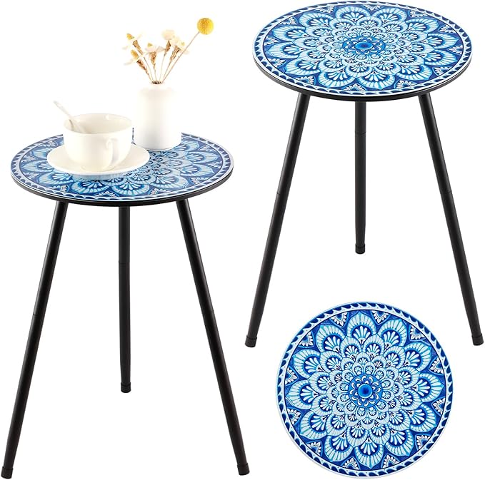 2 Packs Metal Mosaic Round Side Tables 13.4" Small Outdoor Patio Round Accent Coffee Tables Indoor Corner Stand for Small Spaces Weather-Resistant for Balcony, Porch Plant Stands Indoor, Blue Mosaic