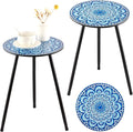 2 Packs Metal Mosaic Round Side Tables 13.4" Small Outdoor Patio Round Accent Coffee Tables Indoor Corner Stand for Small Spaces Weather-Resistant for Balcony, Porch Plant Stands Indoor, Blue Mosaic