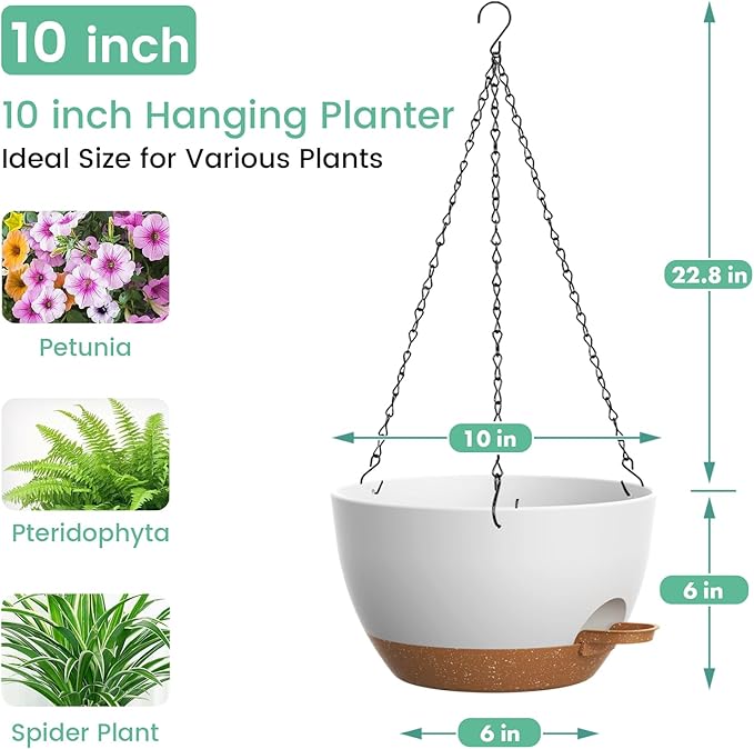 Set of 3-10 Inch Self Watering Hanging Planters for Indoor Outdoor，Hanging Plant Pots with Drainage & Removable Tray, Hanging Pots Holder for Pothos Plant, Ferns, Balcony & Patio,White with Brown