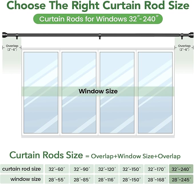 Time Forest Curtain Rods for Windows 32 to 240, 1 Inch Adjustable Black Heavy Duty Long Window Outdoor Curtain Rod for Patio, Modern Drapery Rods with Simple End Caps, Size 32"-240"