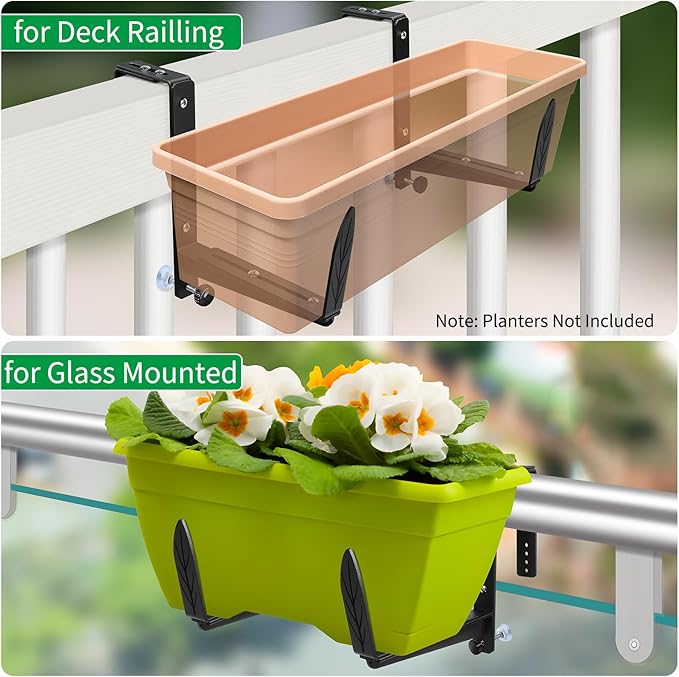 Window Box Brackets, Adjustable Planter Box Brackets, Heavy Duty Iron Flower Box Bracket for Deck Railing with Upgraded Bottom Support - Ideal for Balconies, Fences, and Gardens (2)
