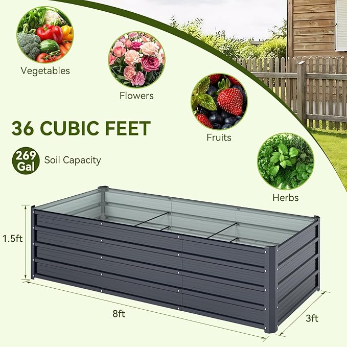 Ohuhu 8x3x1.5FT Metal Raised Garden Bed Outdoor, Reinforced Galvanized Steel Rustproof Planter Box, 100% Non-Toxic, 269 Gal Large Capacity Heavy Duty Raised Beds for Vegetables Flowers Herbs 2-Pack