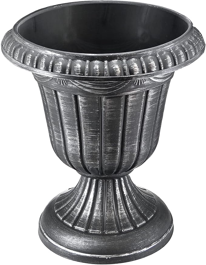 Arcadia Garden Products PL00SL Classic Traditional Plastic Urn Planter, Indoor/Outdoor Garden Plant Pot Garden Décor, 16” x 18”, Brushed Silver