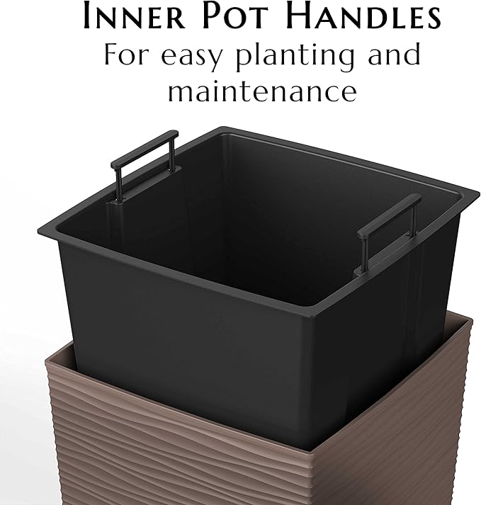 Mueller Janska M-Resin Heavy Duty Tall Planter, Indoor/Outdoor Grande Plant, Tree, Flower Pot, 2-Piece Set, 18”, Modern Design, Built-in Drainage, Mocha