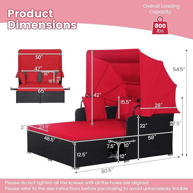 COSTWAY Outdoor Daybed with Retractable Canopy, Wicker Patio Furniture Set with Cushioned Pillows, Patio Rattan Daybed for Deck, Backyard, Poolside (Red)