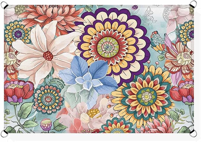 Sun Shade Sail 8'x10' Boho Floral Rectangle Sun Shade Sails Canopy Waterproof Mandala Flowers Plant Outdoor Sunshades Sand UV Block Cover Shade Cloth for Patio Backyard Garden Deck Porch Lawn