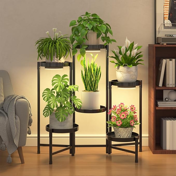 iDavosic.ly Plant Stand Indoor with Grow Light, 6 Tier Corner Metal Flower Display Holder Shelf, Easy Assembly Folding Tall Orchid Rack for Patio Balcony Porch Garden Living Room House, Black