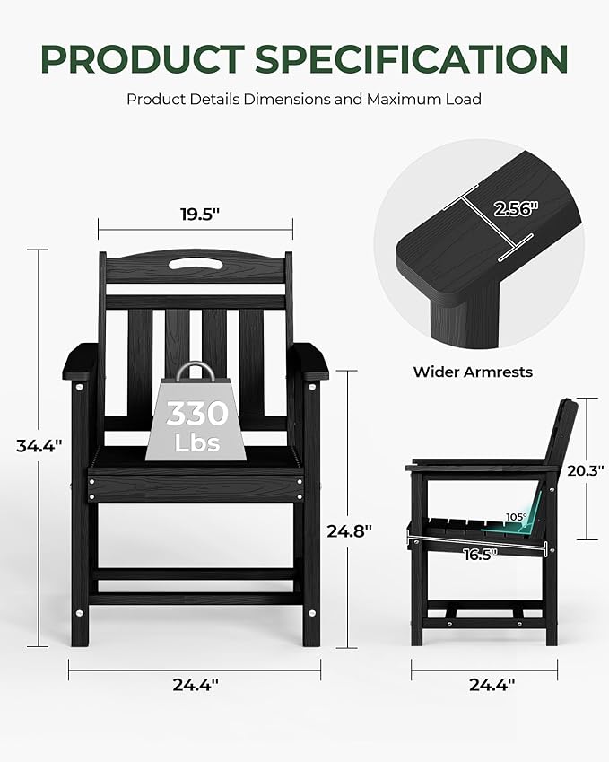 Set of 2 Weatherproof Patio Chairs - HDPE Outdoor Dining Chairs with Wide Seat, Ergonomic Design - for Garden, Backyard, Deck - Black