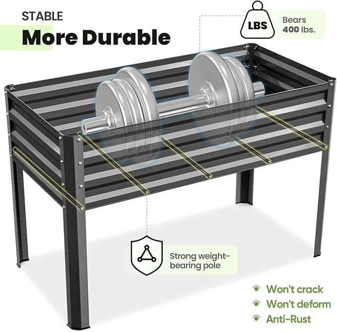 KING BIRD Raised Garden Bed with Irrigation System and Legs Galvanized Elevated Planter Box 48×24×31.5 in for Backyard, Patio, Balcony, 400lb Capacity, Dark Grey