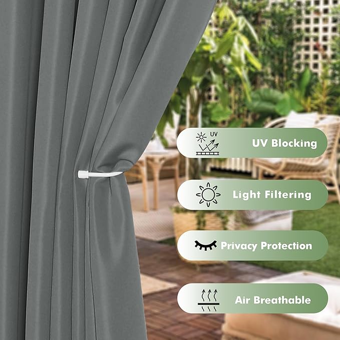 HolidayIdeas Waterproof Outdoor Curtains for Patio, 6 Panels - 54x108 Inches - Weatherproof Privacy Outsides Curtains for Backyard Porch Gazebo, Sunlight & UV Blocking (Grey, Grommet Top)