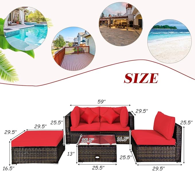 Tangkula 5 Pieces Patio Rattan Furniture Set, Outdoor Sectional Rattan Sofa Set with Back & Seat Cushions, Wicker Conversation Set with Tempered Glass Table for Backyard Porch Poolside (Red)