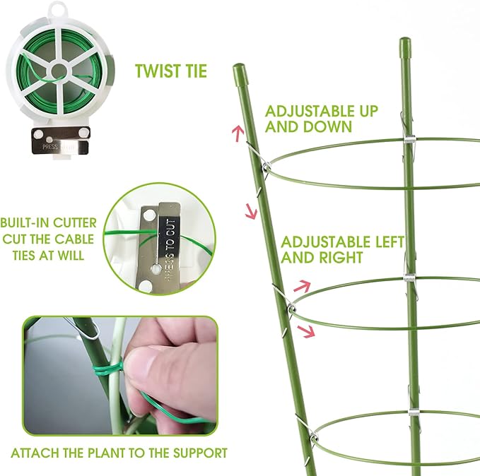 Kgozwon 4 Pack Tomato Cage Plant Support Cages for Garden, 18 inches Trellis for Climbing Plants, Upgrade Garden Plant Stakes with Adjustable Ring, Tomato Rings for Support, with Twist Tie