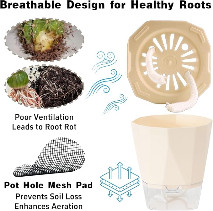 3 Packs Self Watering Plant Pots, Plastic Flower Pots with Drainage Hole and Saucer, Self Watering Planters for Indoor Outdoor Garden Plants, African Violet, Herbs (White, 6.7")