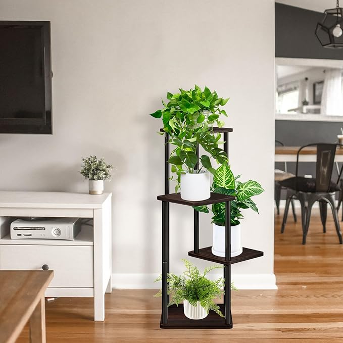 4 Tier Plant Stand Indoor, Thickened Metal Wood Corner Plant Shelf Stands for Multiple Plants, Indoor Tall Plants Stand Tiered Flower Holder for Living Room Patio Garden Balcony(Black+Oak)