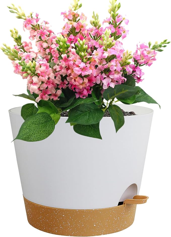12 inch Large Self Watering Pots for Indoor Outdoor Plants, Flower Plant Pots with Drainage Holes for Garden House Plants, Plastic Planters with Reservoir for Home, White with Brown