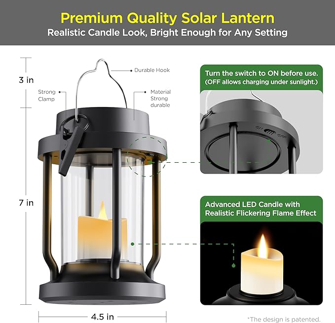 Solar Lantern Outdoor Indoor Use – Hanging Solar Lights with Realistic Flickering Flameless Candle, Weatherproof for Garden Decor, Patios, Trees, and Lawns (Black, 2 Pack)