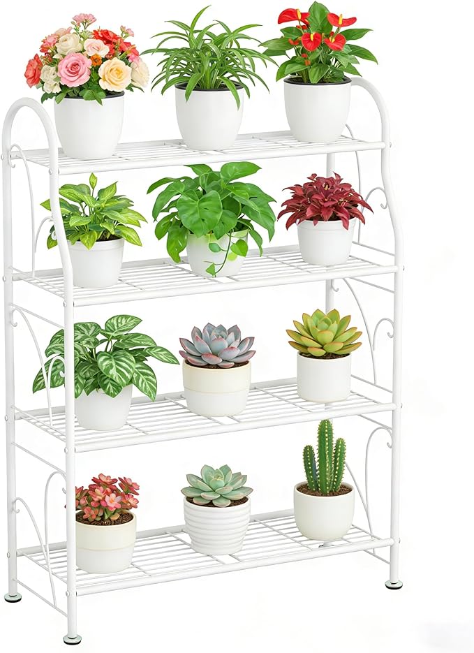 SORCEDAS Plant Stand Indoor Outdoor Plant Shelf 4 Tier Metal Corner Flower Stand Multiple Holder for Patio Garden Balcony Living Room, White