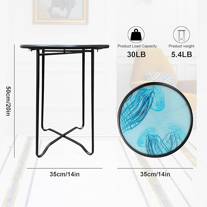 LIFFY Outdoor Side Table,14" Indoor Outdoor Round Glass Tabletop Accent Table with Metal Frame, Decorative Plant Stand & End Table for Home, Patio, Garden