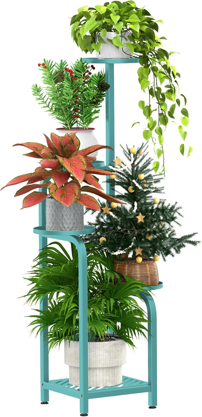 TOSKING 5 Tier Tall Plant Stand Indoor Outdoor, Heavy Duty Corner Shelf for Plants & Decor, Space Saving 3.9FT Metal Flower Pot Stand for Balcony, Garden, Living Room, Patio (Blue, 47in)