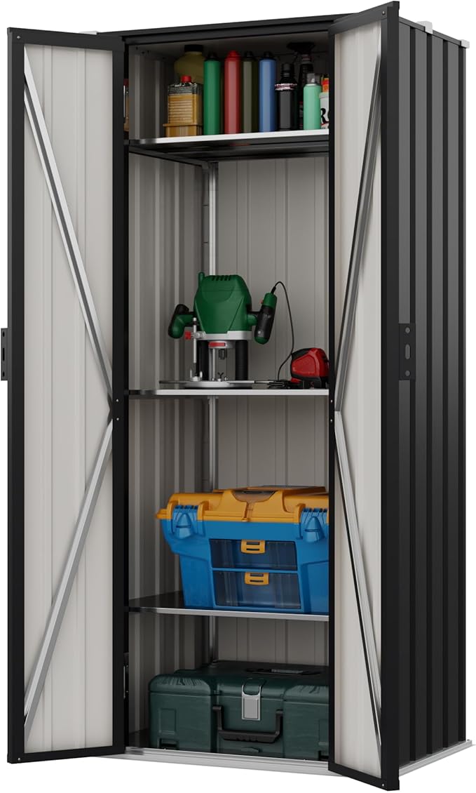 Devoko 28 Cuft Lockable Metal Storage Shed, Vertical Indoor Outdoor Tool Cabinet with 3 Adjustable Shelves for Patio Garden Backyard, Black