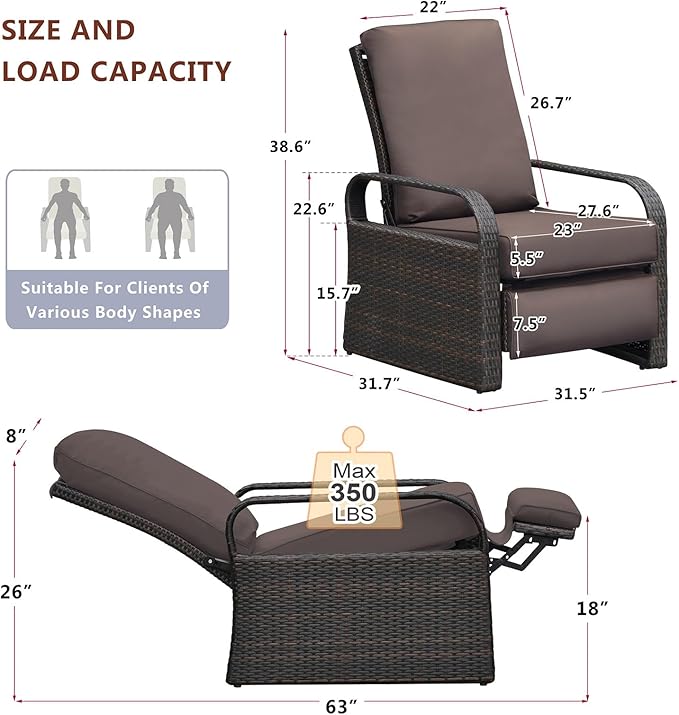 ATR ART TO REAL Outdoor Recliner, Outdoor Wicker Recliner Chair with 5.5'' Thickness Cushions, Automatic Adjustable Rattan Patio Chaise Lounge Chairs, Aluminum Frame, Anti-UV and Rustless