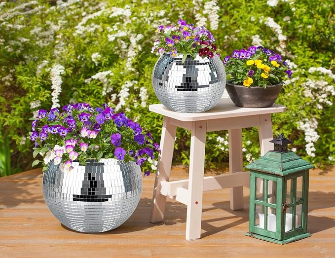 Disco Ball Planter, 1pcs 9” Silver Disco Ball Planter, Disco Ball Plant Hanger with Hanging Rope, Hanging Chain, Hook, Circle and Extra Mirror Pieces