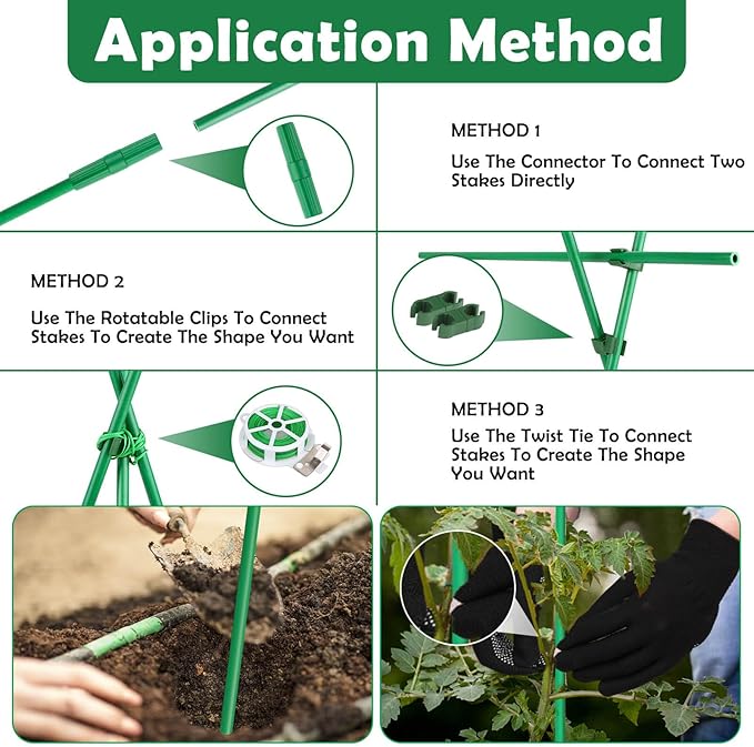 Cludoo 393PCS Garden Stakes Set with 120 Sets Fiberglass Plant Stakes Sticks Supports and Accessories, DIY 4ft 5ft 6ft 7ft Tomato Stakes for Tomato,Vegetables, Pepper, Indoor Outdoor Spring Plants