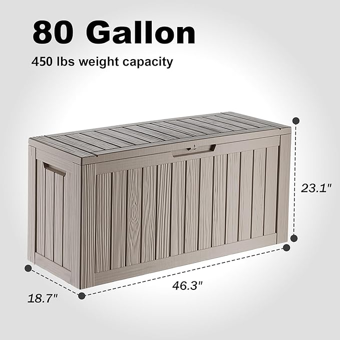 EasyUp 80 Gallon Resin Deck Box Storage Outdoor Waterproof Boxes Lockable UV Resistant Container for Patio Furniture Cushions Pool Supplies Garden Tool, Equipment Outside Storage Delivery, Gray