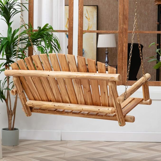 Outdoor Porch Swing Front Porch Hanging Wooden Bench Swing 2 Seat Chair for Garden, Patio, Backyard, Playground, Log Wood 800Lbs, 4 Ft, Brown