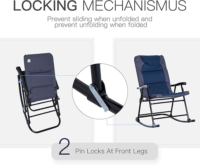 Outsunny Oversized Folding Rocking Camping Chair Set of 2, Padded Outdoor Rockers with High Back and Armrests, Portable Outdoor Patio Chairs with Steel Frame for Garden, Porch, Lawn, Navy Blue