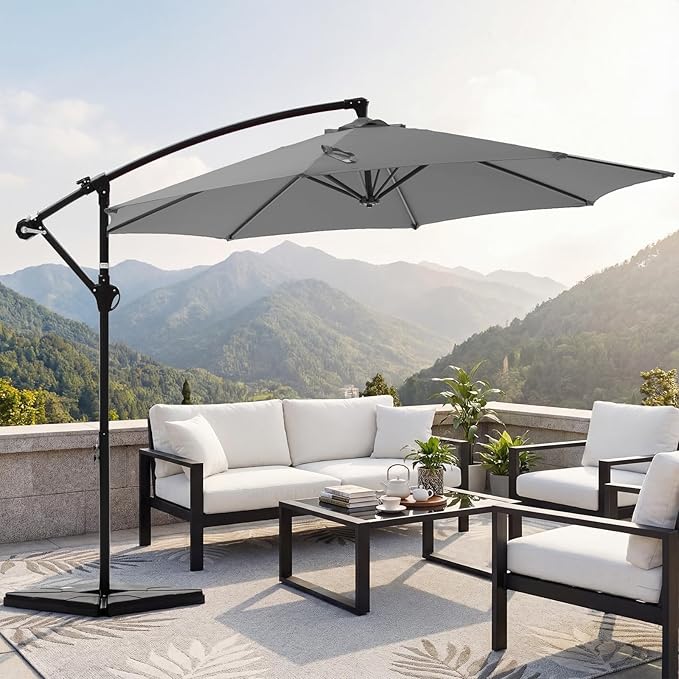 OLIXIS 9.7FT Offset Patio Umbrella with Base, Cantilever Table Umbrellas for Outdoor Sun Shade UV Protection with Easy Tilt Adjustment, 8 Ribs for Backyard, Lawn, Garden, Pool - Grey