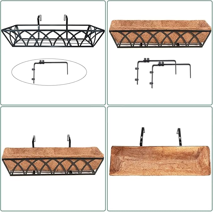 HFHOME 4 Pcs 30" Window Box Deck Railing Planter with Horse Trough Coco Liners, Black Metal Hanging Flower Planters Baskets for Indoor, Outdoor, Balcony, Porch, Fence, Patio, and Lawn