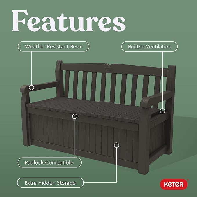 Keter Solana 70 Gallon Storage Bench Deck Box for Patio Furniture, Front Porch Decor and Outdoor Seating – Perfect to Store Garden Tools, Brown/Brown