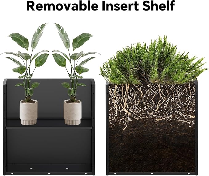 24 Inch Tall Outdoor Planter 24Hx24Lx12W Metal Planter Box with Removable Insert Shelf | Rectangular Planters for Porch, Patio, Yard, Garden (Black)