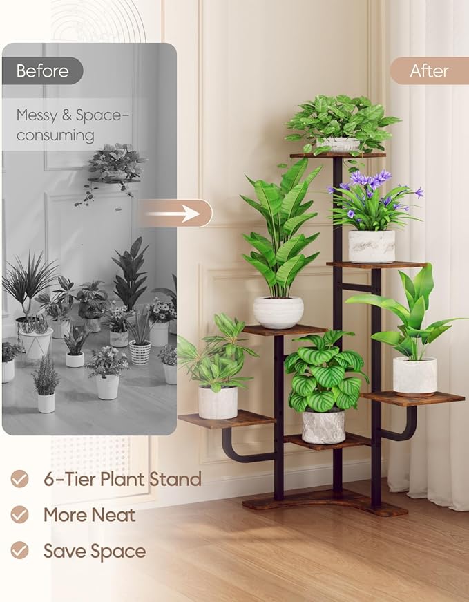Corner Plant Stand Indoor - 6 Tiered Indoor Plant Stand Square Metal Plant Shelf, Plant Organizer for Living Room, Graden, Balcony, Home Decor (Brown)