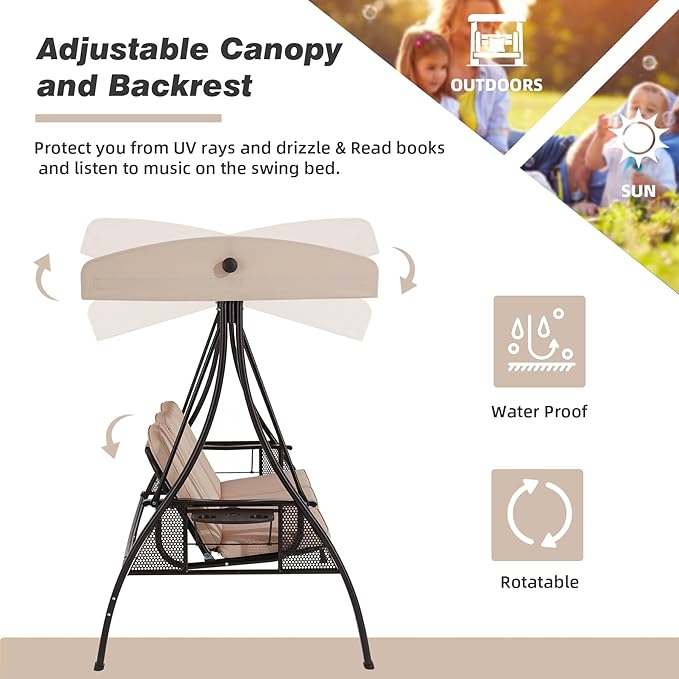 HOMREST 3 Seat Outdoor Porch Swing with 1.5" Deepened Cup Holder, Adjustable Canopy, Patio Swing Bed with Stand, Patio Glider Swing with Thicken Cushions, Pillow for Yard, Garden(Khaki)