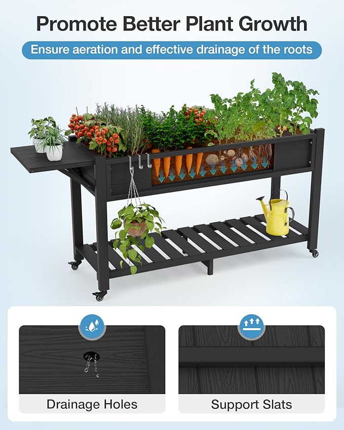 YEFU Raised Garden Bed with Legs: 57x18x30in Elevated Poly Planter with Wheels,Waterproof Mobile Raised Bed Garden, Elevated Planter Box Stand with Storage Shelf,For Deck,Patio,Porch,Yard (Black,4pcs)