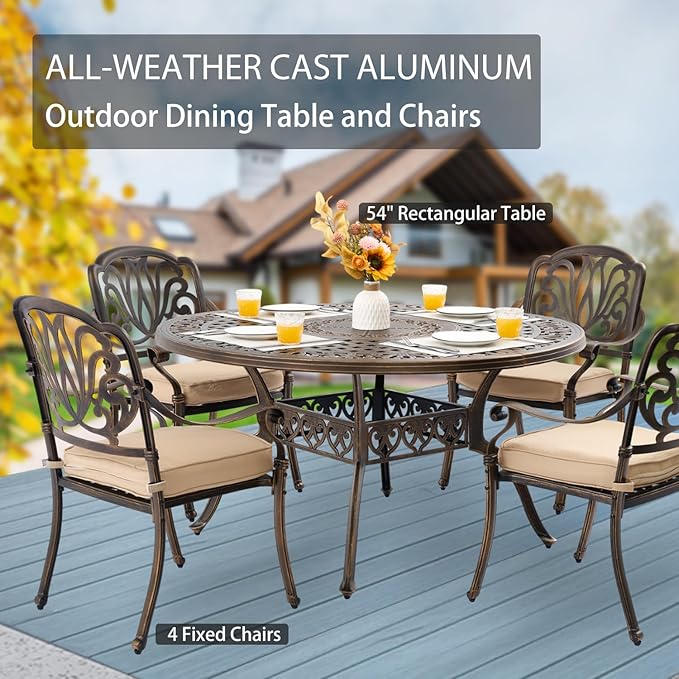 5-Piece Cast Aluminum Patio Furniture, Outdoor Dining Sets for 4 Include 54" Round Patio Dining Table and 4 Stackable Chairs with Cushions & Umbrella Hole (Bronze)