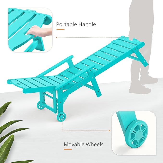 LUE BONA Chaise Lounge Chair with Table, 6-Piece, HDPS Chaise Lounger, 5 Positions Adjustable Lounge Chairs, Pool Lounge Chair with Wheels for Poolside, Backyard, Aruba Blue
