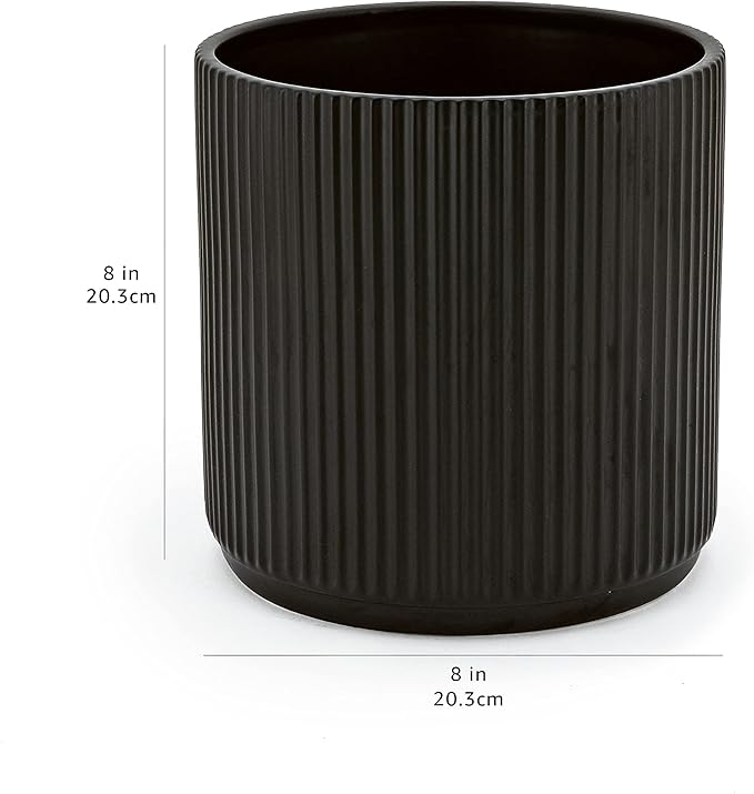 Amazon Basics Fluted Ceramic Round Planter with Drainage Hole, Indoor Outdoor Flower Pot, 8-inch, Black