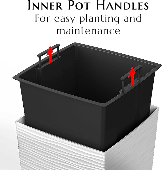 Mueller M-Resin Heavy Duty Tall Planters for Outdoor Plants, Indoor Grande Plant Pots, Boxes, Trees, Flower Pots, 2-Piece Set, 24”, Modern Design, Built-in Drainage, Front Porch Decor, White