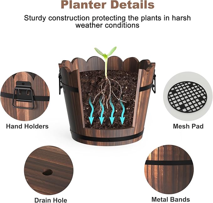 Wooden Bucket Barrel Planters, Rustic Patio Planters Flower Pots for Plants Indoor Décor, Set of 3