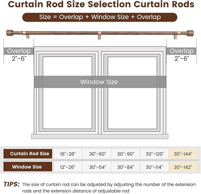 1” Diameter Curtain Rods Itself is 30 to 144 inch 2 Pack Fit 30-142 inch, 66 to 120 inch Window with Heavy Duty Adjustable Rod Matte Wood Grain Splicing Metal Extra Long Curtain Rod for Windows