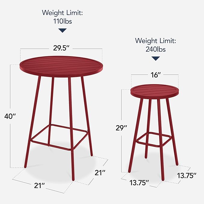 Best Choice Products 3-Piece Patio Dining Set, Bar Height, Outdoor Bistro Set, Outdoor Round Bar Table w/ 2 Bar Stools, Steel - Red