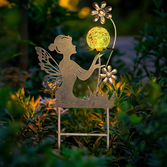 HONGLAND Solar Lights Fairy Garden Decor for Outside,Fairy Figurine Decorative Stake Housewarming Gifts for Patio Lawn Yard Pathway Outdoor Decor-Unique Valentines Day Gifts for Women Mom Grandma