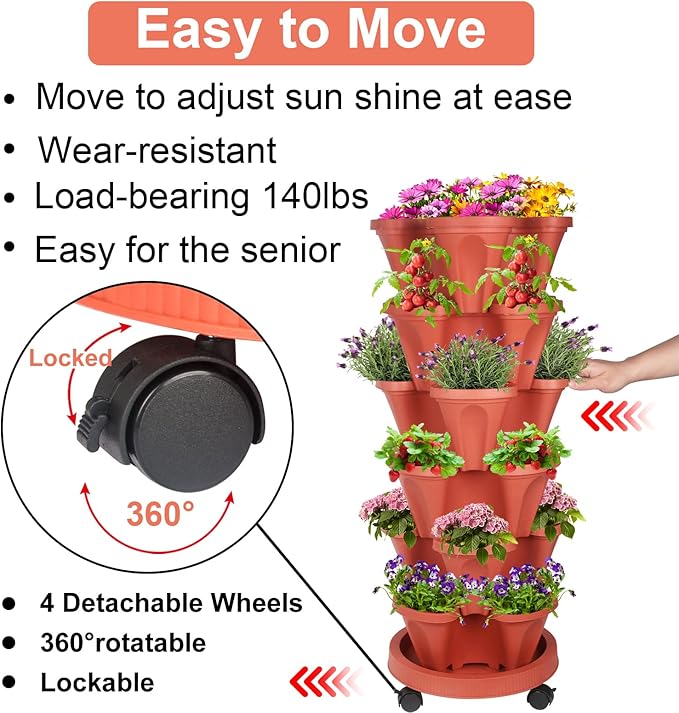 DUNCHATY Stackable Planters 6 Tier Vertical Garden Planting Tower Planters Strawberry, Herb, Flower, and Vegetable Planter Indoor Outdoor Gardening Pots with Removable Wheels and Tools