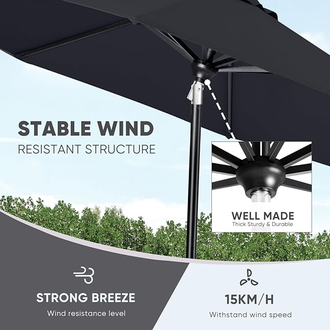 Tempera Patio Market Outdoor Table Umbrella with Auto Tilt and Crank, Large Sun Umbrella with Sturdy Pole & Fade Resistant Canopy, Easy to Set