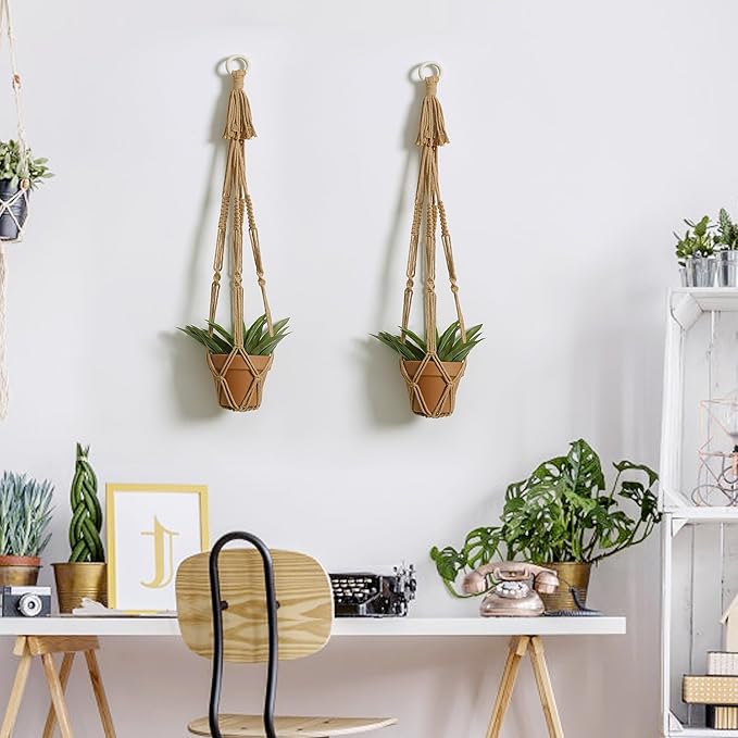 Artilady Plant Hanger Indoor Macrame Hanging Planters for Plants Holder Boho Brown Basket No Tassels Farmhouse Rustic Window Wall Decor (Brown Planter-1pcs)